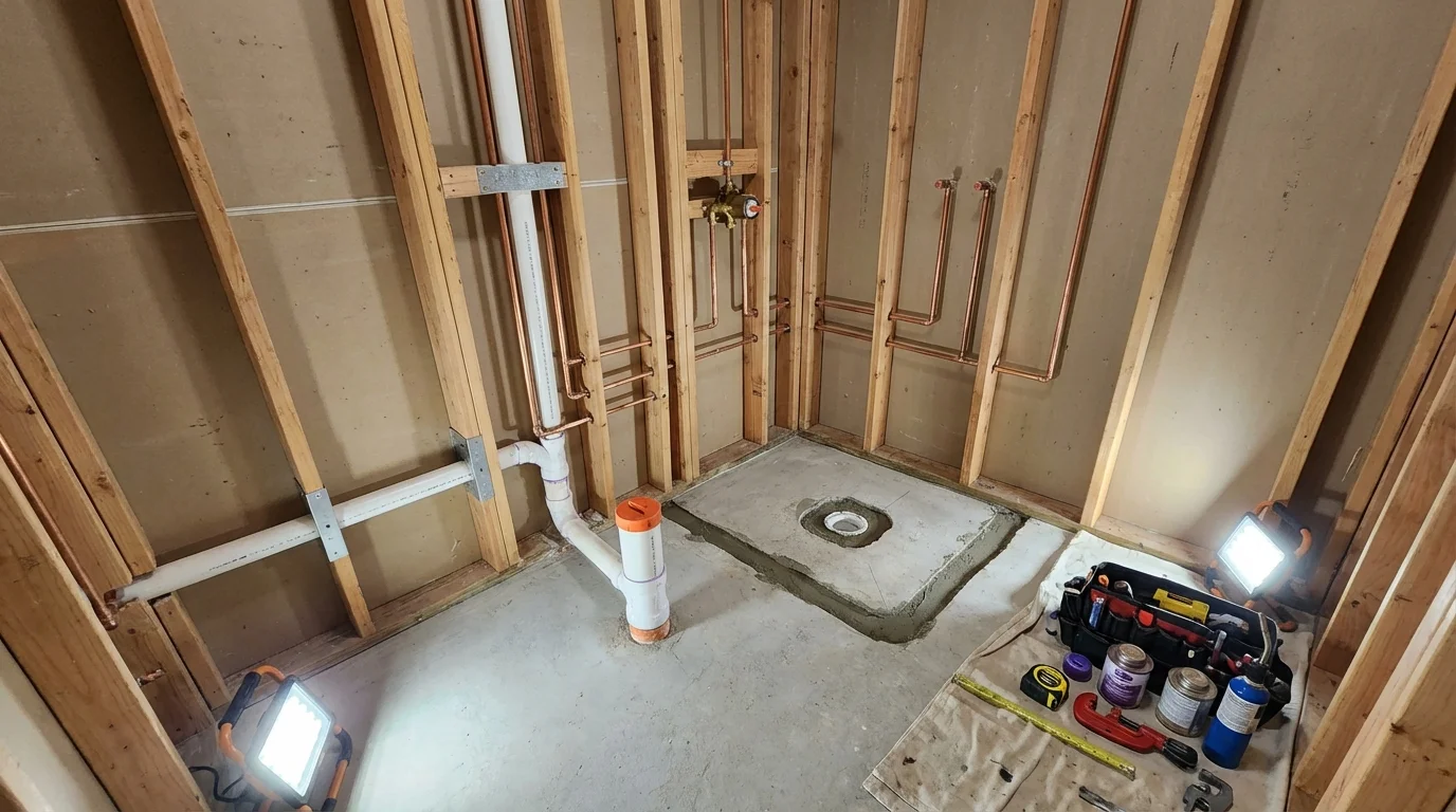 Bathroom rough-in plumbing during remodel by Johns Plumbing LLC in Lafayette Hill
