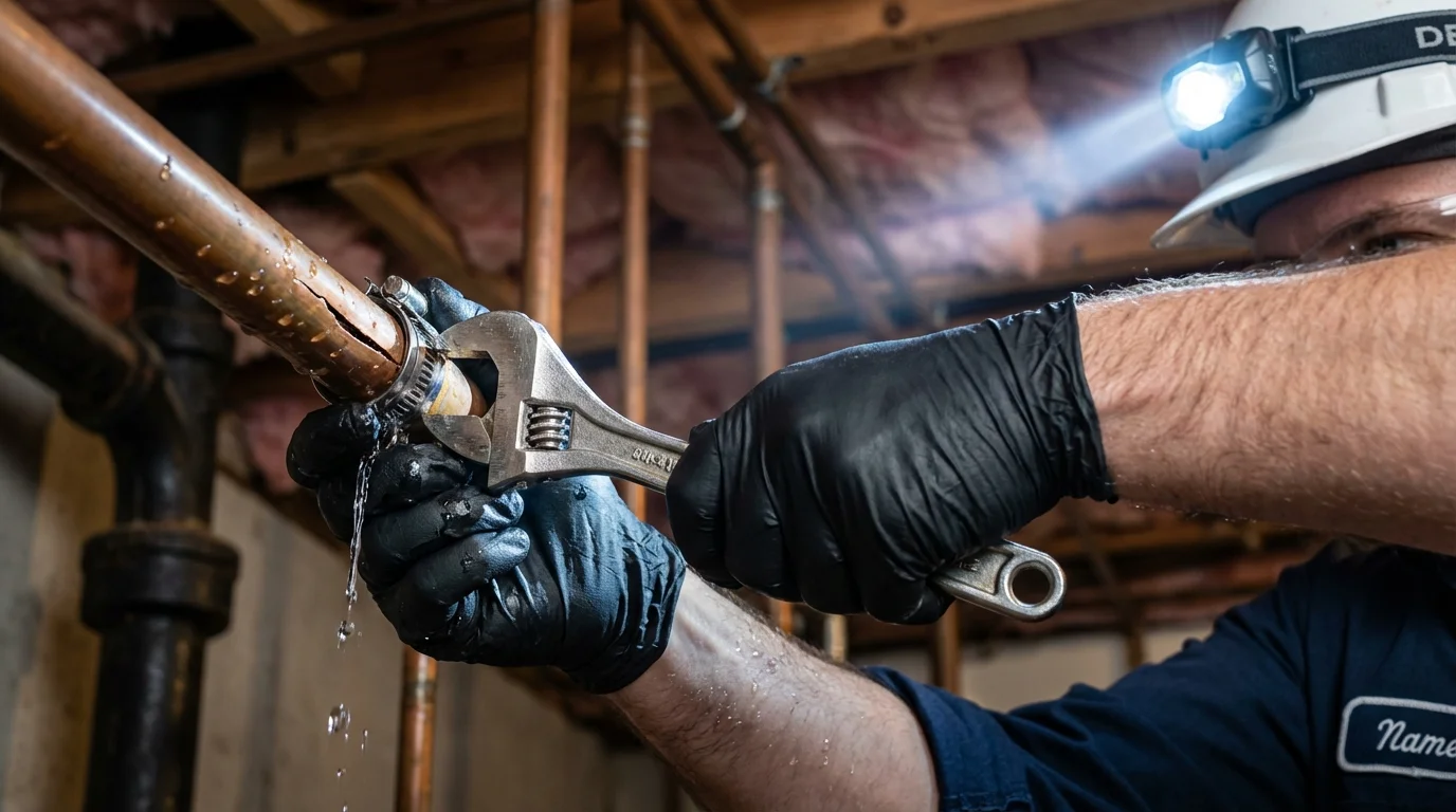 Emergency pipe clamp repair being performed by a Johns Plumbing LLC plumber in Lafayette Hill