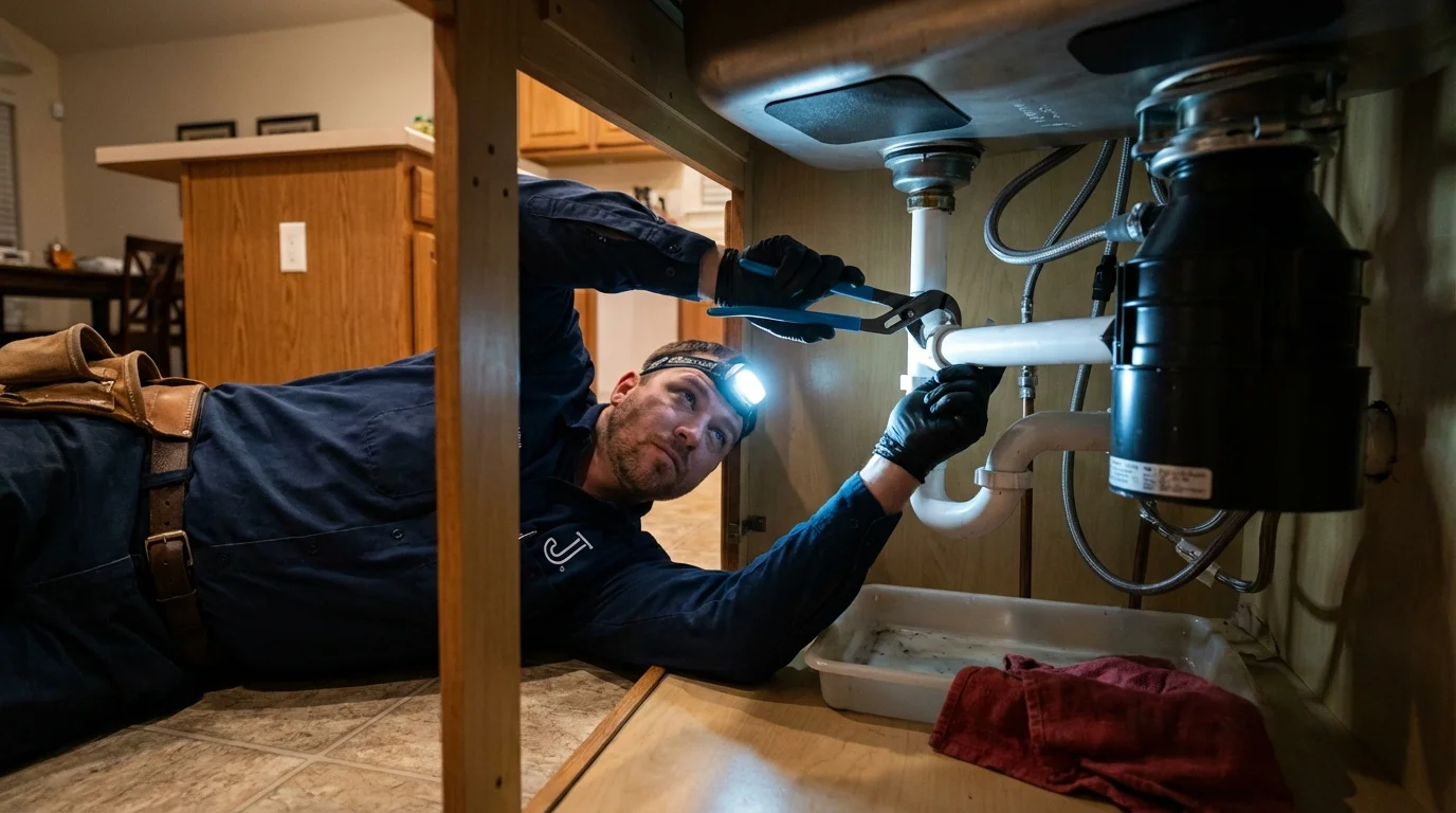 P-trap and supply line connections under a kitchen sink showing a common leak point in Lafayette Hill, PA